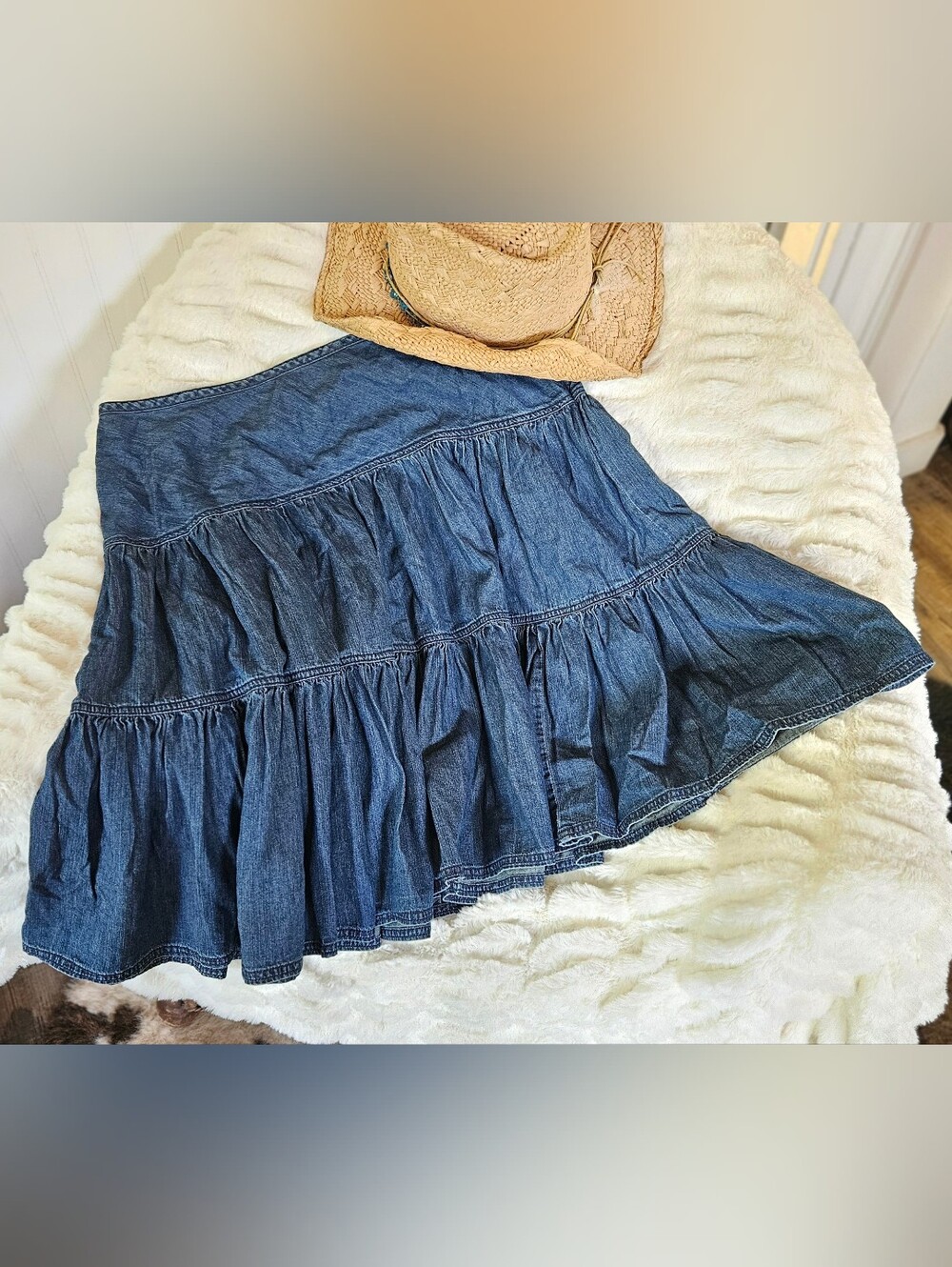 Tiered Denim Skater Skirt in Mid Blue